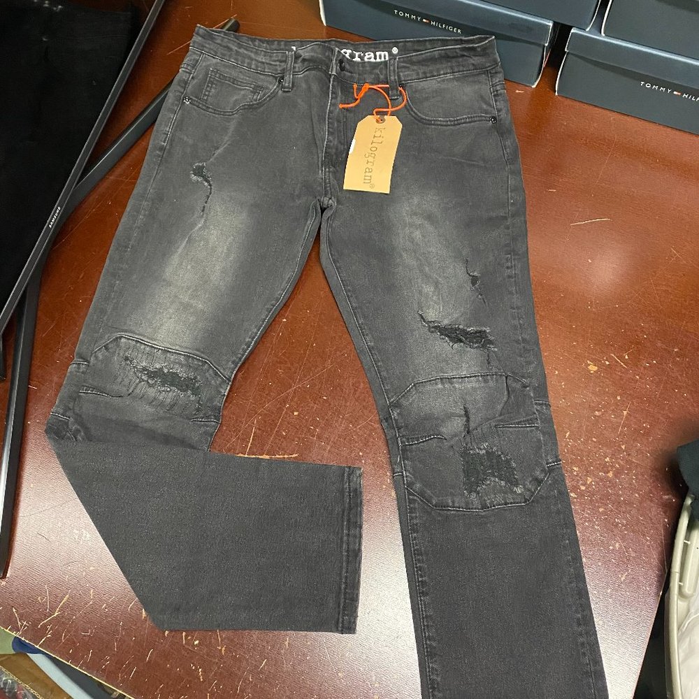 Kilogram Mens Black Medium Wash Distressed Straight Leg Denim Jeans Size 38
